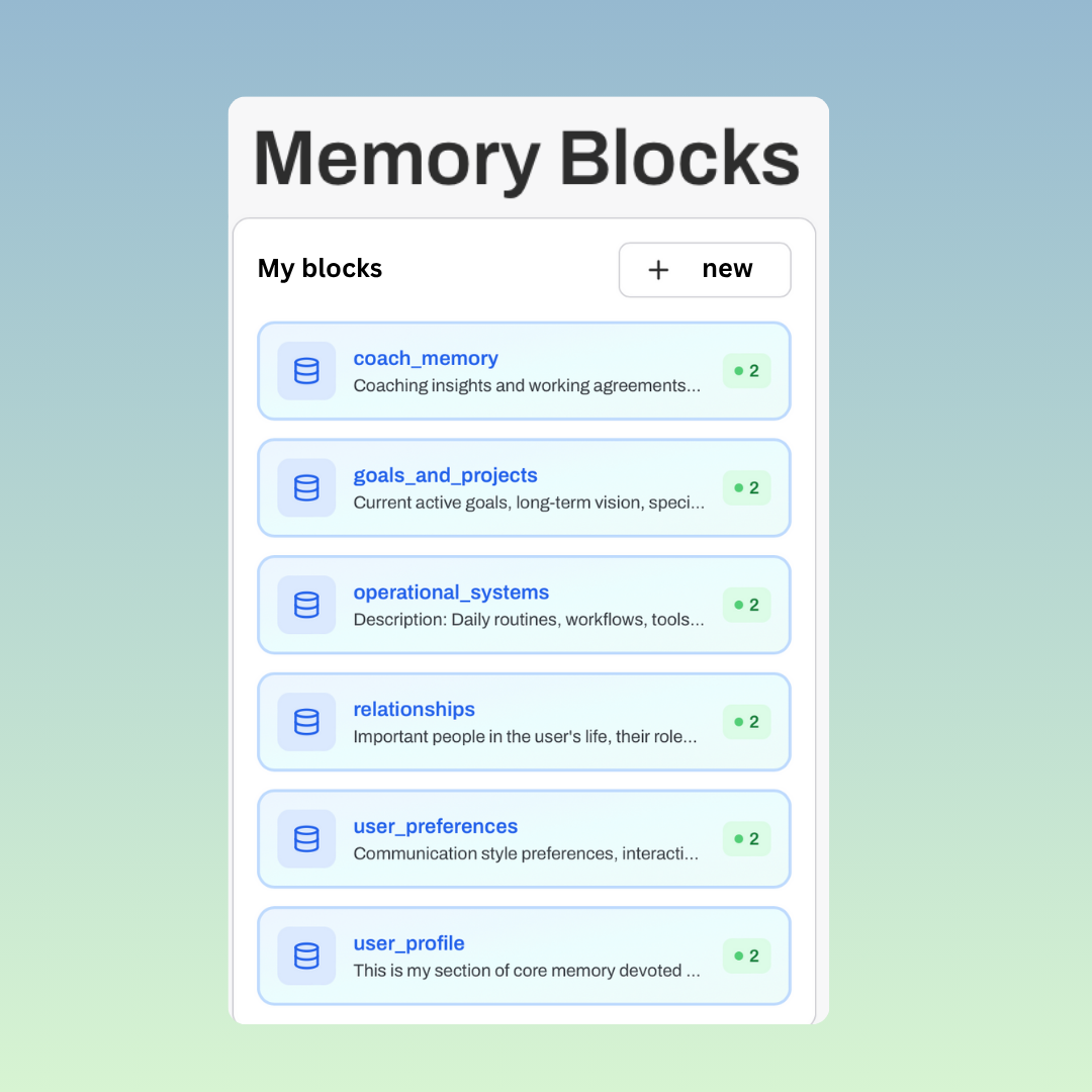 Memory Blocks interface showing organized categories